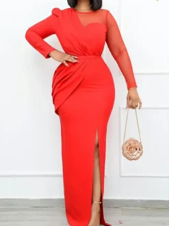 Long Sleeve Mesh Patchwork Split Maxi Dress