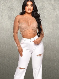 Long Sleeve Mesh Rhinestone Crop Top