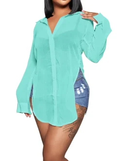 Long Sleeve Mesh Shirts Tops