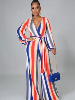 Long Sleeve Multicolor Stripe Wide Leg Jumpsuit with Belt