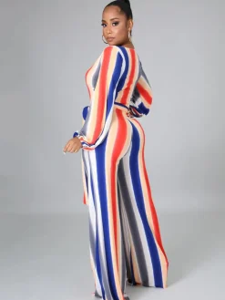 Long Sleeve Multicolor Stripe Wide Leg Jumpsuit with Belt
