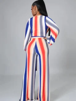 Long Sleeve Multicolor Stripe Wide Leg Jumpsuit with Belt