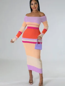 Long Sleeve Off Shoulder Color Block Midi Dress