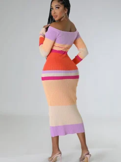Long Sleeve Off Shoulder Color Block Midi Dress