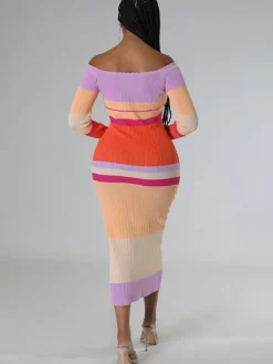 Long Sleeve Off Shoulder Color Block Midi Dress