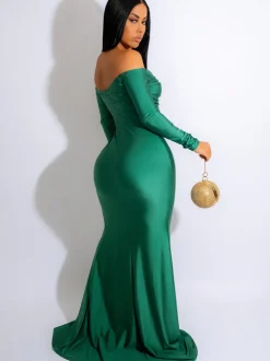 Long Sleeve Off Shoulder Ruched Maxi Dress
