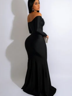 Long Sleeve Off Shoulder Ruched Maxi Dress