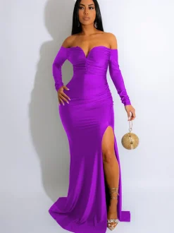Long Sleeve Off Shoulder Ruched Maxi Dress