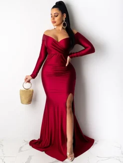 Long Sleeve Off Shoulder Split Maxi Dress
