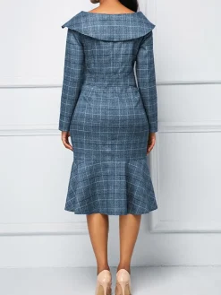 Long Sleeve Plaid Print Midi Dress