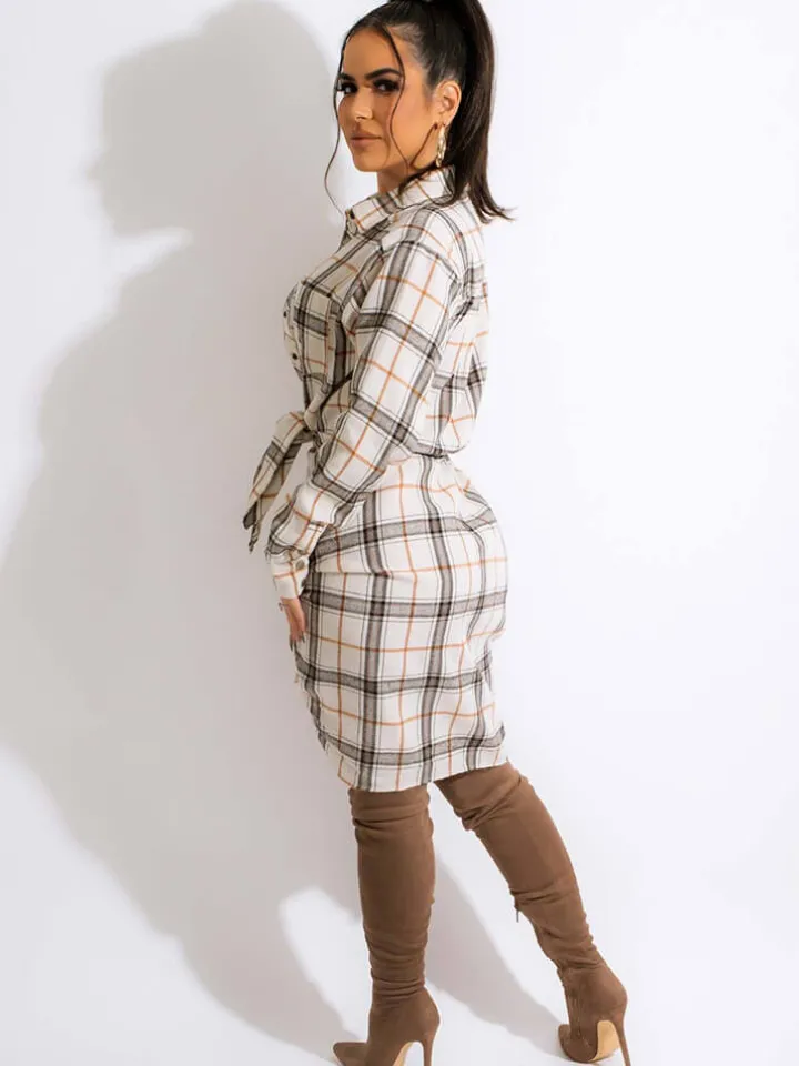 Long Sleeve Plaid Print Ruched Midi Dress