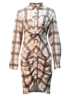 Long Sleeve Plaid Print Ruched Midi Dress