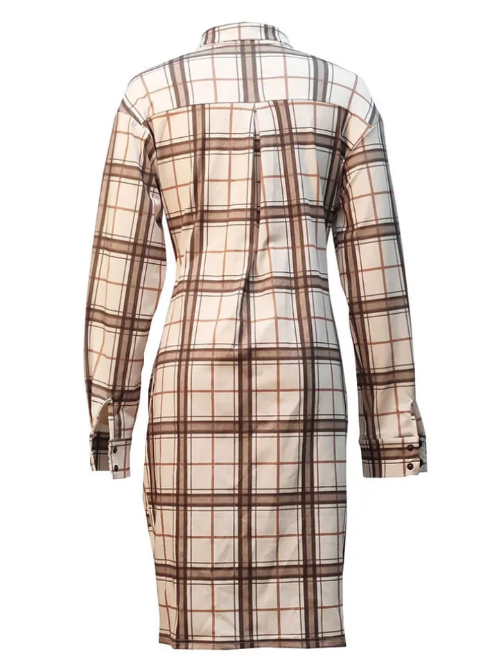 Long Sleeve Plaid Print Ruched Midi Dress