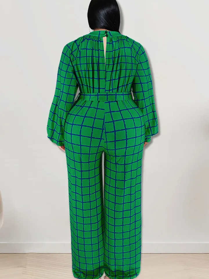 Long Sleeve Plaid Print Wide Leg Jumpsuit