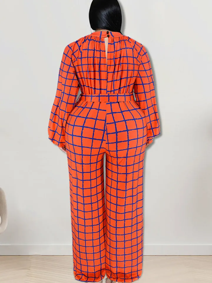 Long Sleeve Plaid Print Wide Leg Jumpsuit