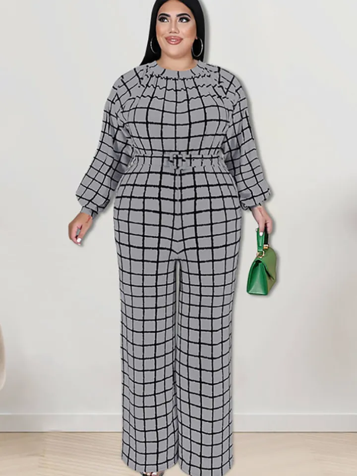 Long Sleeve Plaid Print Wide Leg Jumpsuit