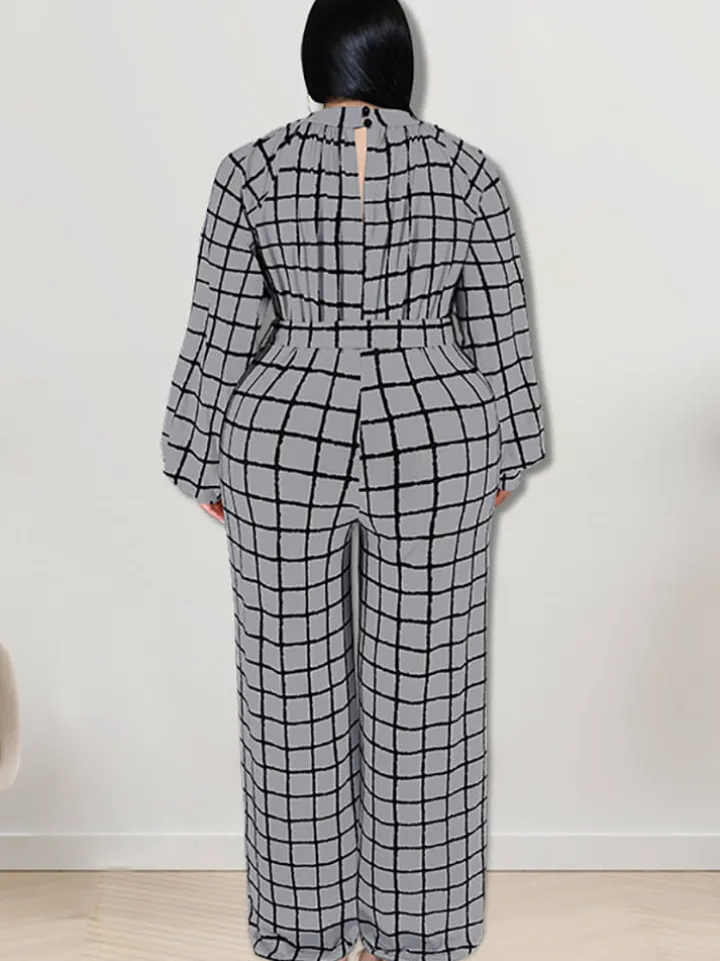 Long Sleeve Plaid Print Wide Leg Jumpsuit