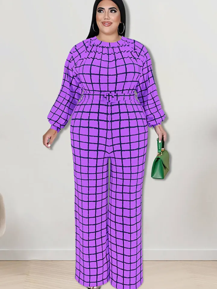 Long Sleeve Plaid Print Wide Leg Jumpsuit