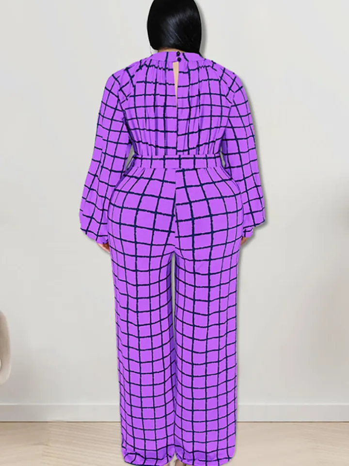 Long Sleeve Plaid Print Wide Leg Jumpsuit
