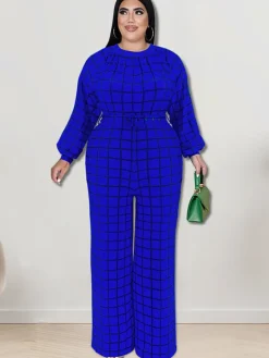 Long Sleeve Plaid Print Wide Leg Jumpsuit