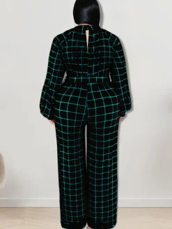 Long Sleeve Plaid Print Wide Leg Jumpsuit