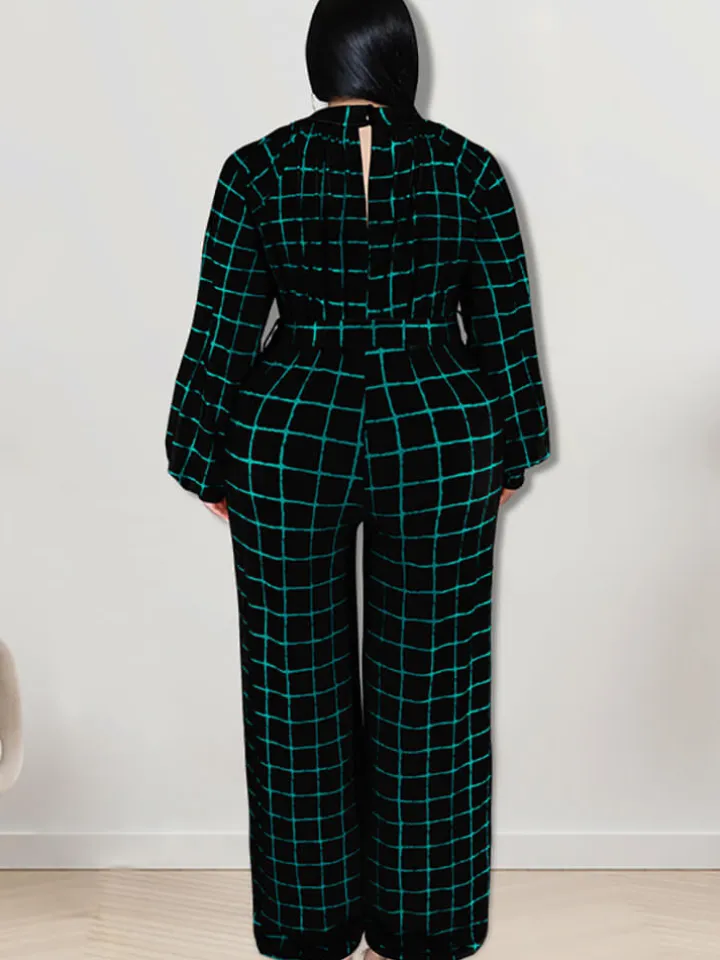 Long Sleeve Plaid Print Wide Leg Jumpsuit