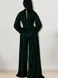 Long Sleeve Plaid Print Wide Leg Jumpsuit