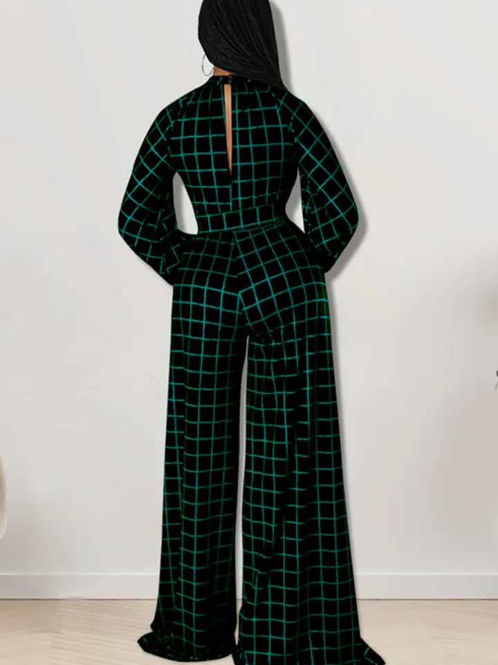 Long Sleeve Plaid Print Wide Leg Jumpsuit