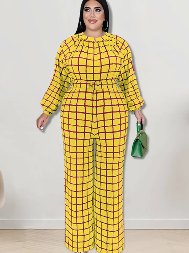 Long Sleeve Plaid Print Wide Leg Jumpsuit