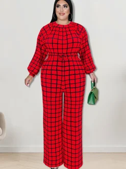 Long Sleeve Plaid Print Wide Leg Jumpsuit