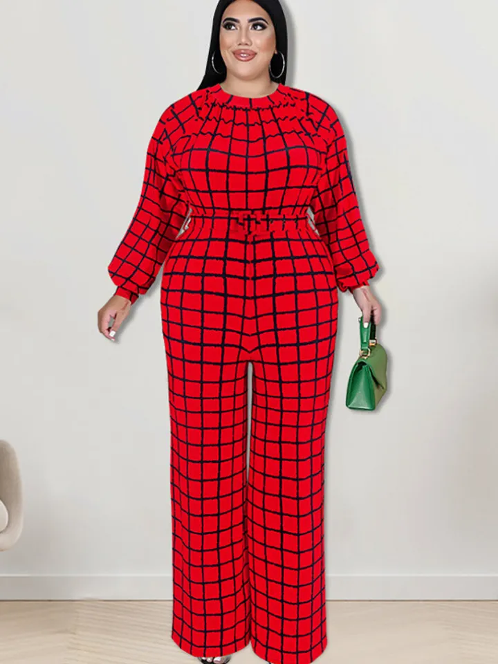 Long Sleeve Plaid Print Wide Leg Jumpsuit