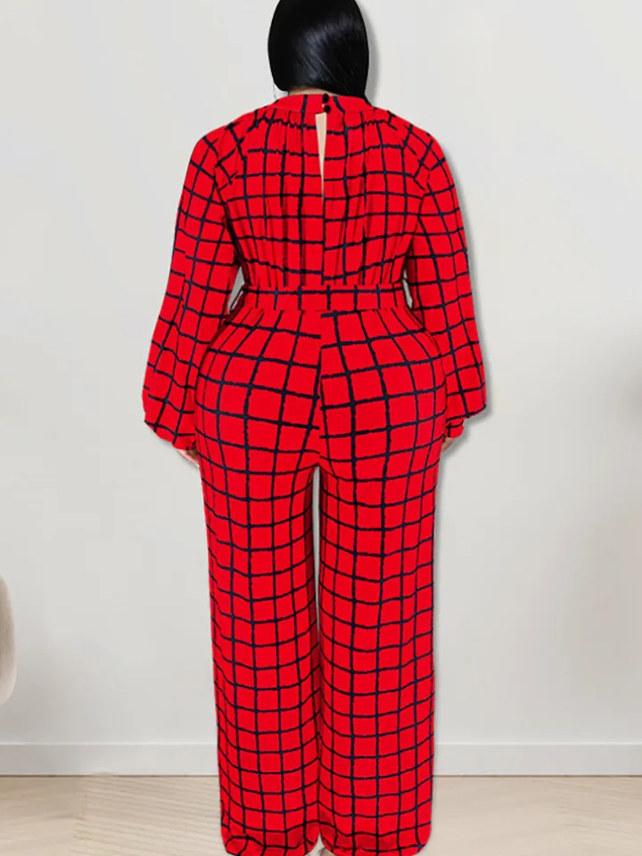 Long Sleeve Plaid Print Wide Leg Jumpsuit