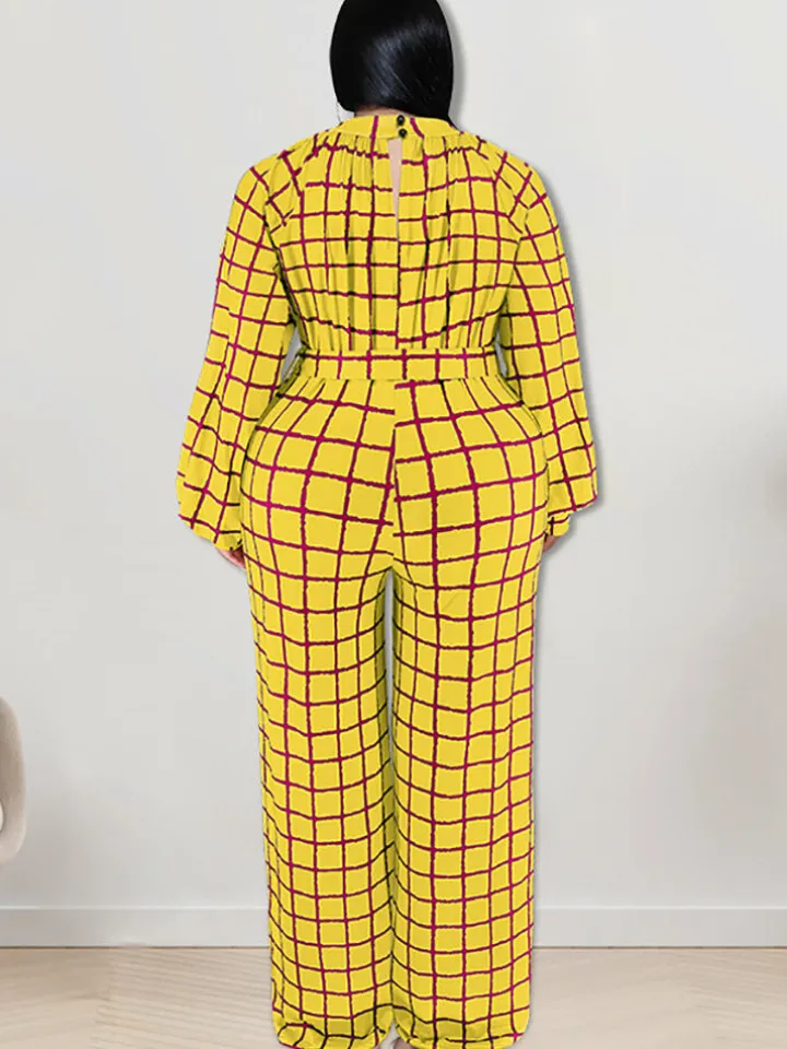 Long Sleeve Plaid Print Wide Leg Jumpsuit