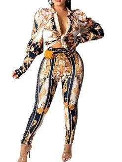 Long Sleeve Printed Top Bodycon Pants