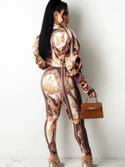 Long Sleeve Printed Top Bodycon Pants