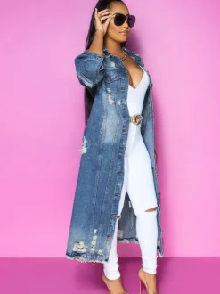 Long Sleeve Ripped Long Denim Jacket