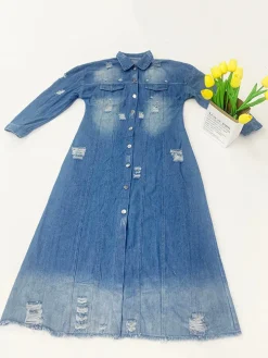 Long Sleeve Ripped Long Denim Jacket