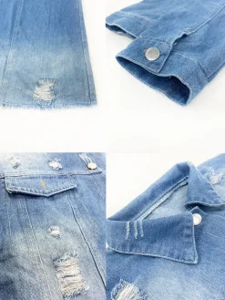 Long Sleeve Ripped Long Denim Jacket