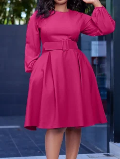 Long Sleeve Round Neck Ruched Midi Dress