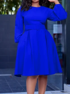 Long Sleeve Round Neck Ruched Midi Dress