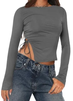 Long Sleeve Ruched Side Irregular Top