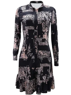 Long Sleeve Ruffle Hem Print Mini Dress