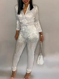 Long Sleeve Sequin Belted Jumpsuit