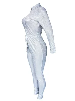 Long Sleeve Sequin Belted Jumpsuit