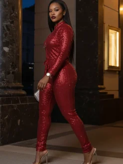 Long Sleeve Sequin Belted Jumpsuit