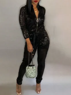 Long Sleeve Sequin Belted Jumpsuit