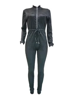 Long Sleeve Sequin Belted Jumpsuit