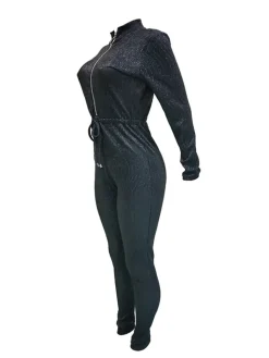 Long Sleeve Sequin Belted Jumpsuit