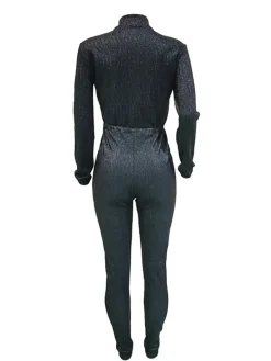 Long Sleeve Sequin Belted Jumpsuit