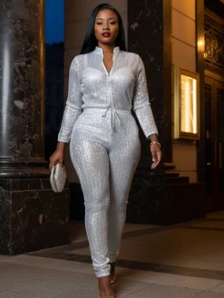 Long Sleeve Sequin Belted Jumpsuit